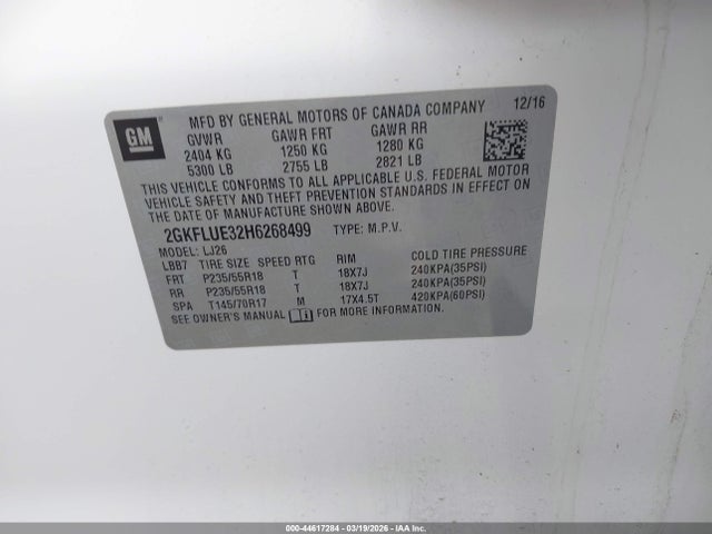 Aukcja sprzedaży 2017 Gmc Terrain Slt, vin: 2GKFLUE32H6268499, numer aukcji: 44617284