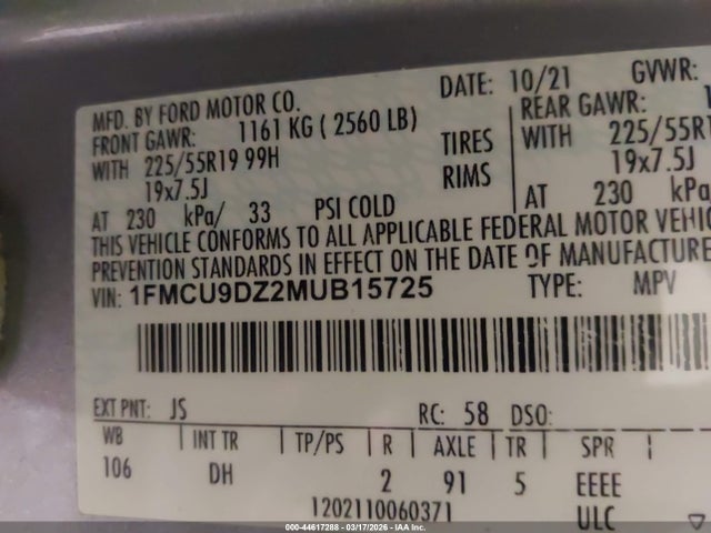 Продаж на аукціоні авто 2021 Ford Escape Titanium Hybrid, vin: 1FMCU9DZ2MUB15725, номер лоту: 44617288
