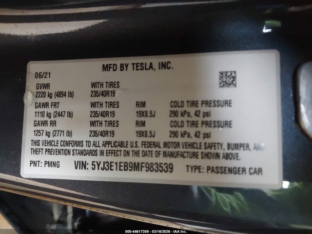 Продажа на аукционе авто 2021 Tesla Model 3 Long Range Dual Motor All-wheel Drive, vin: 5YJ3E1EB9MF983539, номер лота: 44617309