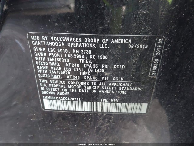 Aukcja sprzedaży 2019 Volkswagen Atlas 3.6l V6 Se W/technology, vin: 1V2UR2CA2KC579712, numer aukcji: 44617316