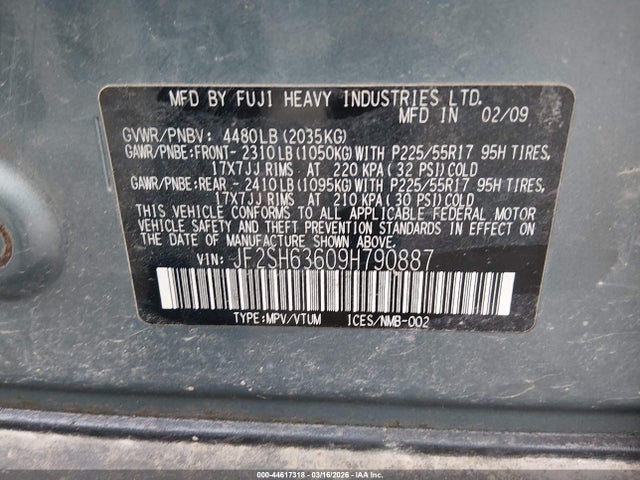 Продаж на аукціоні авто 2009 Subaru Forester 2.5x, vin: JF2SH63609H790887, номер лоту: 44617318
