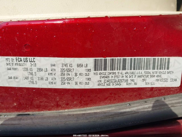 Продажа на аукционе авто 2018 Dodge Grand Caravan Sxt, vin: 2C4RDGCG0JR267109, номер лота: 44617322