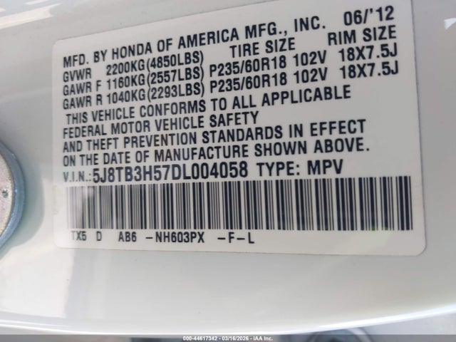 2013 Acura Rdx მანქანა იყიდება აუქციონზე, vin: 5J8TB3H57DL004058, აუქციონის ნომერი: 44617342