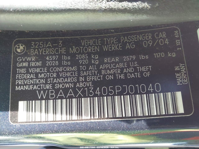 44617354 :رقم المزاد ، WBAAX13405PJ01040 vin ، 2005 Bmw 325it مزاد بيع