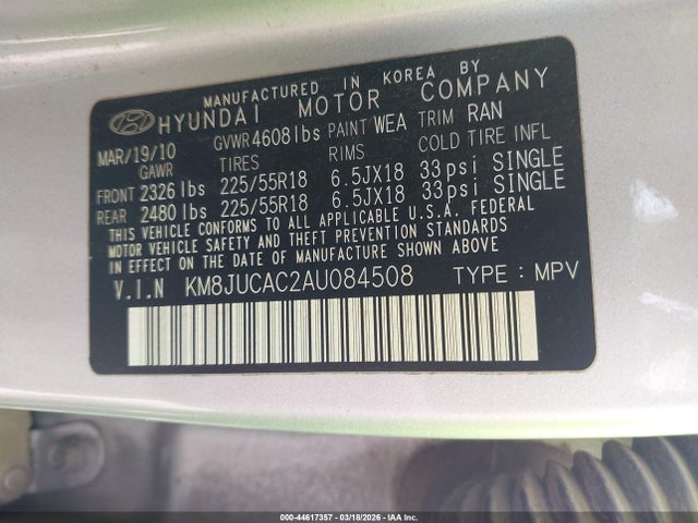 44617357 :رقم المزاد ، KM8JUCAC2AU084508 vin ، 2010 Hyundai Tucson Limited مزاد بيع