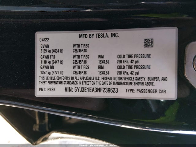 Aukcja sprzedaży 2022 Tesla Model 3 Rear-wheel Drive, vin: 5YJ3E1EA3NF239623, numer aukcji: 44617364
