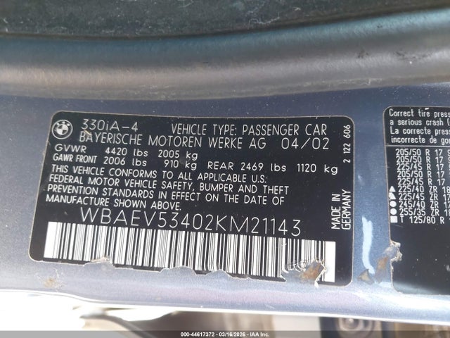 44617372 :رقم المزاد ، WBAEV53402KM21143 vin ، 2002 Bmw 330i مزاد بيع