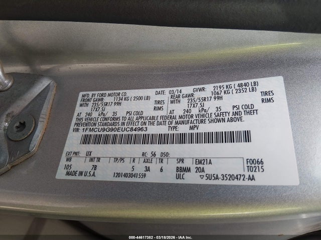 44617382 :رقم المزاد ، 1FMCU9G90EUC84963 vin ، 2014 Ford Escape Se مزاد بيع
