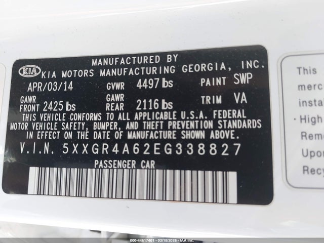 5XXGR4A62EG338827 KIA Optima Sxl Turbo