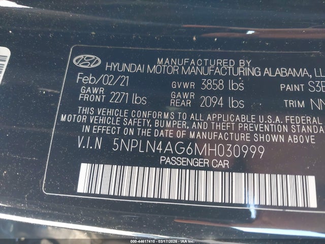 44617410 :رقم المزاد ، 5NPLN4AG6MH030999 vin ، 2021 Hyundai Elantra Sel مزاد بيع