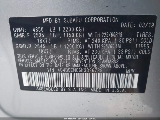 4S4BSENC6K3326739 Subaru Outback 3.6r Limited