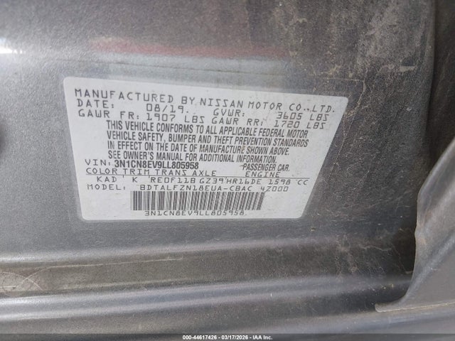 Продаж на аукціоні авто 2020 Nissan Versa Sv Xtronic Cvt, vin: 3N1CN8EV9LL805958, номер лоту: 44617426
