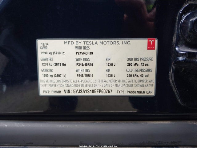 2014 Tesla Model S მანქანა იყიდება აუქციონზე, vin: 5YJSA1S18EFP60767, აუქციონის ნომერი: 44617429