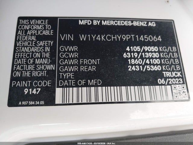 Aukcja sprzedaży 2023 Mercedes-benz Sprinter 2500 High Roof 4-cyl Diesel, vin: W1Y4KCHY9PT145064, numer aukcji: 44617435