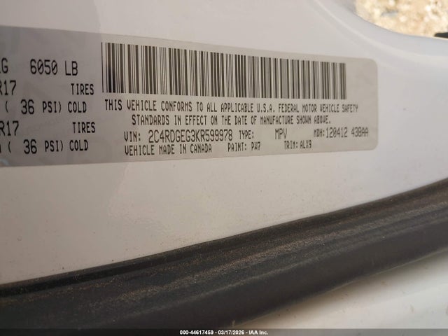 Продаж на аукціоні авто 2019 Dodge Grand Caravan Gt, vin: 2C4RDGEG3KR599978, номер лоту: 44617459
