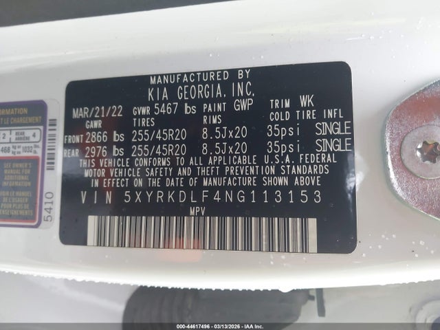 5XYRKDLF4NG113153 KIA SORENTO SX
