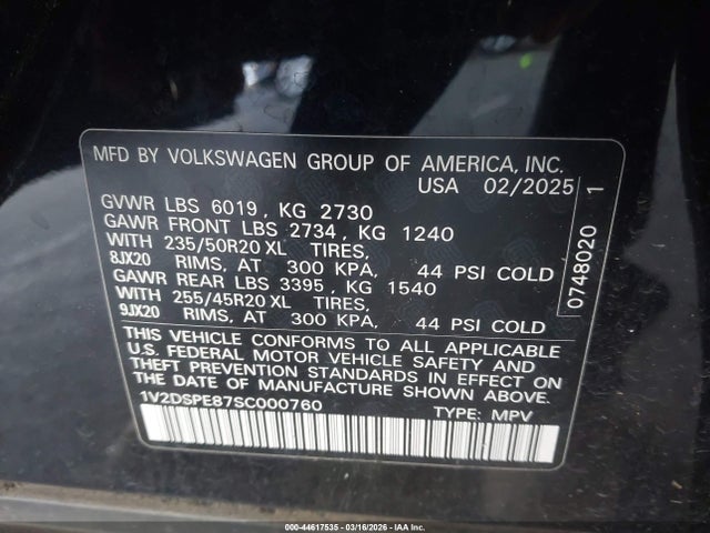 Продаж на аукціоні авто 2025 Volkswagen Id.4 Awd Pro, vin: 1V2DSPE87SC000760, номер лоту: 44617535