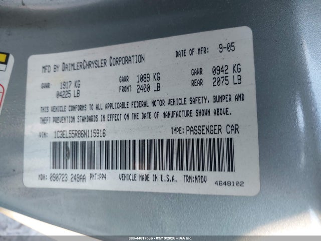 Aukcja sprzedaży 2006 Chrysler Sebring Touring, vin: 1C3EL55R86N115916, numer aukcji: 44617536