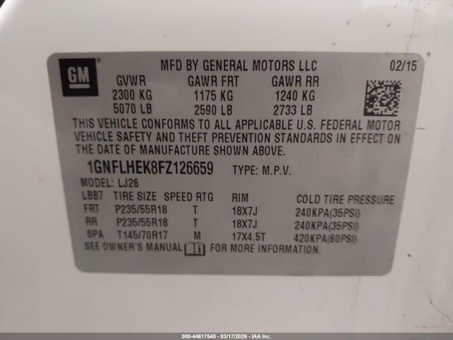 2015 Chevrolet Equinox Ltz მანქანა იყიდება აუქციონზე, vin: 1GNFLHEK8FZ126659, აუქციონის ნომერი: 44617540