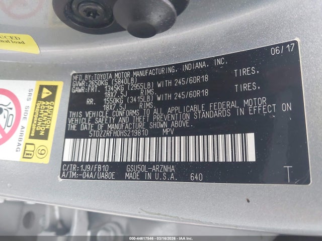 Aukcja sprzedaży 2017 Toyota Highlander Le, vin: 5TDZZRFH0HS219810, numer aukcji: 44617546