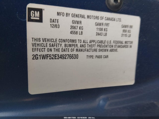 Продаж на аукціоні авто 2004 Chevrolet Impala, vin: 2G1WF52E349276630, номер лоту: 44617558