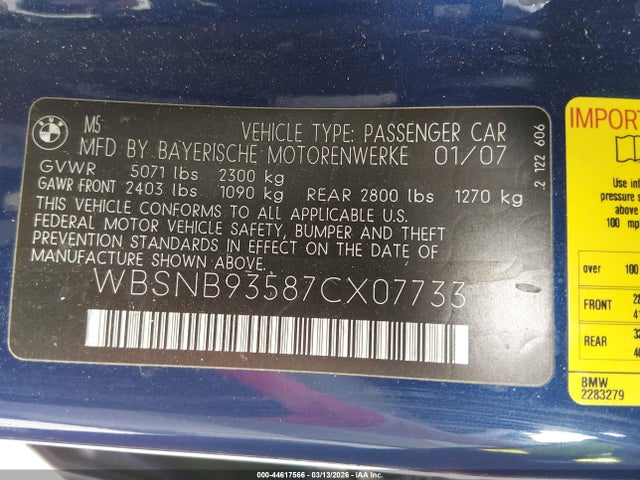 2007 BMW M5 WBSNB93587CX07733 Photo 8