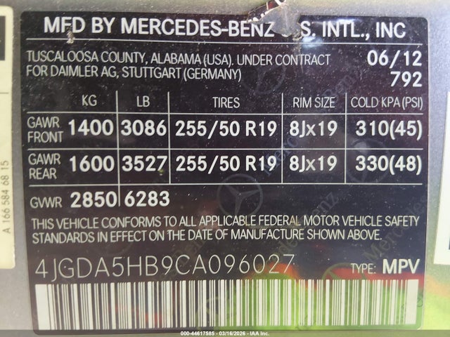 Aukcja sprzedaży 2012 Mercedes-benz Ml 350 4matic, vin: 4JGDA5HB9CA096027, numer aukcji: 44617585