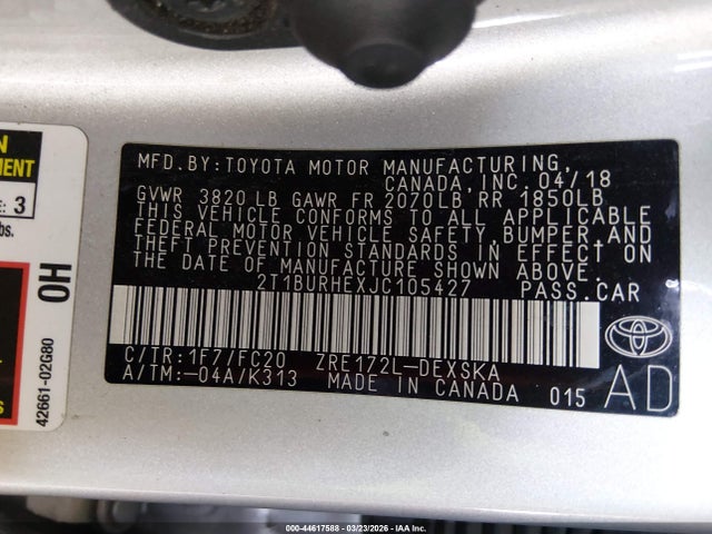 2T1BURHEXJC105427 Toyota COROLLA SE