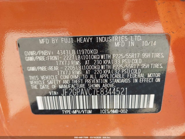 Subaru Xv Crosstrek 2.0i Premium 2014 JF2GPAVC7E8344521 Image 9
