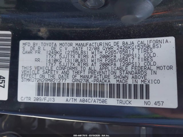 2009 Toyota Tacoma Prerunner V6 მანქანა იყიდება აუქციონზე, vin: 3TMKU72N29M021277, აუქციონის ნომერი: 44617615