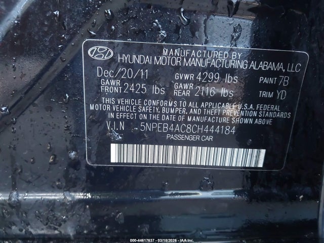 Aukcja sprzedaży 2012 Hyundai Sonata Gls, vin: 5NPEB4AC8CH444184, numer aukcji: 44617637
