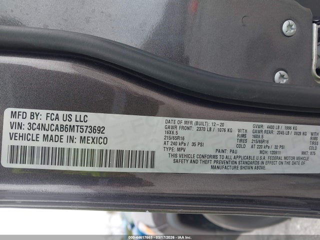 44617665 :رقم المزاد ، 3C4NJCAB6MT573692 vin ، 2021 Jeep Compass Sport Fwd مزاد بيع
