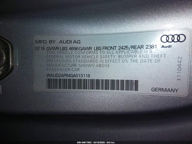 44617692 :رقم المزاد ، WAUD2AFR4GA013116 vin ، 2016 Audi A5 2.0t Premium مزاد بيع