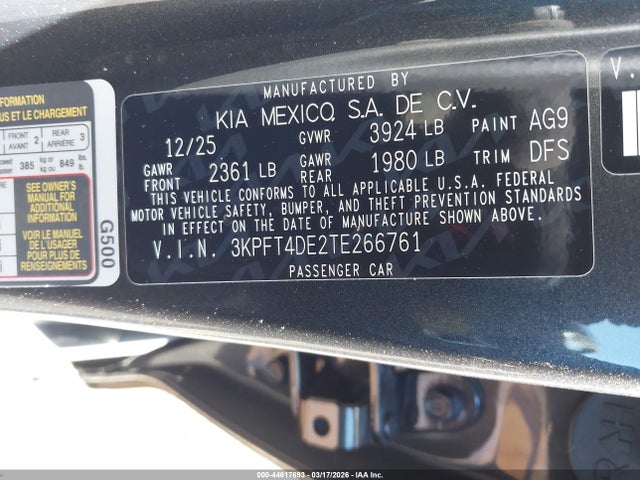 Продажа на аукционе авто 2026 Kia K4 Lxs, vin: 3KPFT4DE2TE266761, номер лота: 44617693