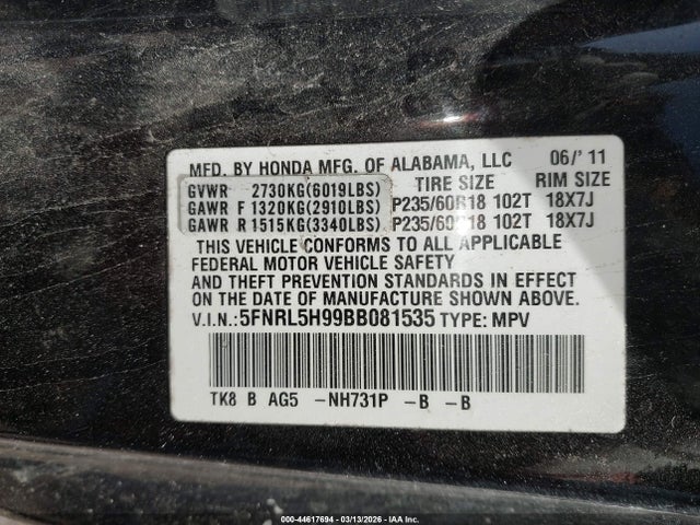 Продаж на аукціоні авто 2011 Honda Odyssey Touring/touring Elite, vin: 5FNRL5H99BB081535, номер лоту: 44617694