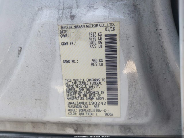 Продаж на аукціоні авто 2018 Nissan Altima 2.5 Sr, vin: 1N4AL3AP8JC190242, номер лоту: 44617698