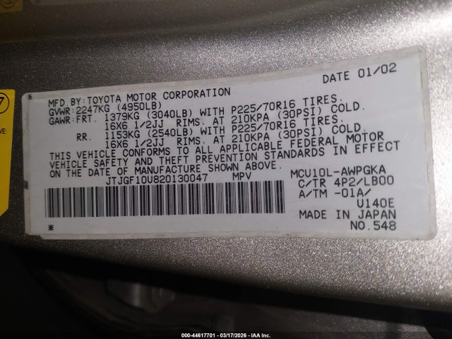 Aukcja sprzedaży 2002 Lexus Rx 300, vin: JTJGF10U820130047, numer aukcji: 44617701