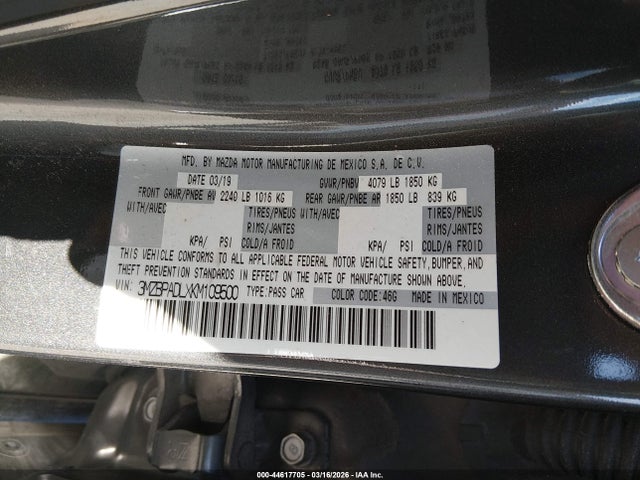 Продажа на аукционе авто 2019 Mazda Mazda3 Preferred Package, vin: 3MZBPADLXKM109500, номер лота: 44617705