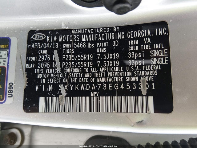 44617721 :رقم المزاد ، 5XYKWDA73EG453301 vin ، 2014 Kia Sorento Sx V6 مزاد بيع