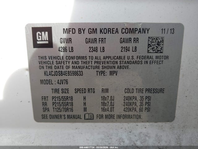 44617724 :رقم المزاد ، KL4CJDSB4EB598633 vin ، 2014 Buick Encore Premium مزاد بيع