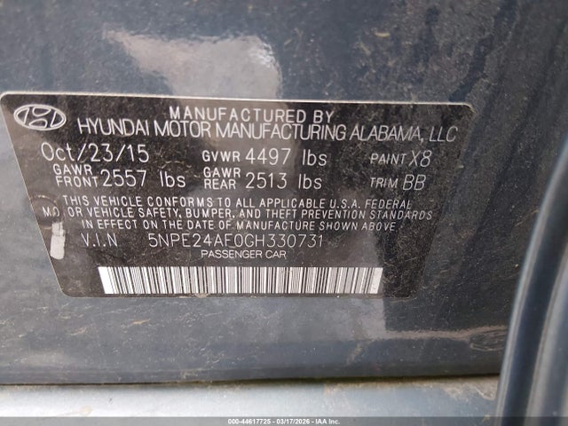 Aukcja sprzedaży 2016 Hyundai Sonata Se, vin: 5NPE24AF0GH330731, numer aukcji: 44617725