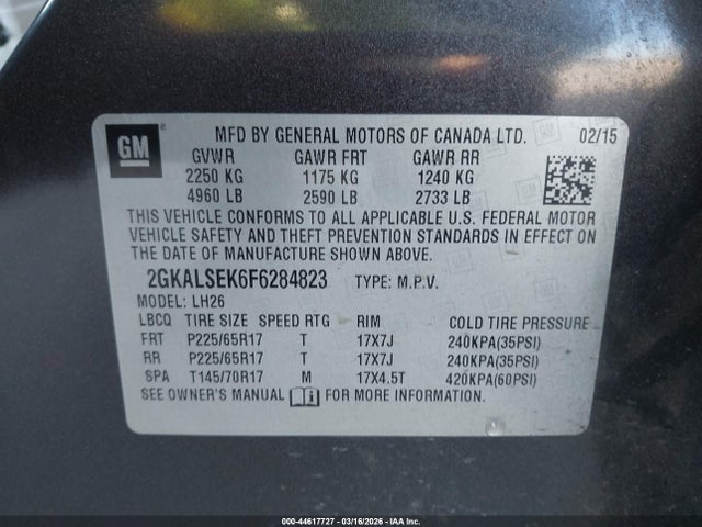 Aukcja sprzedaży 2015 Gmc Terrain Slt-1, vin: 2GKALSEK6F6284823, numer aukcji: 44617727