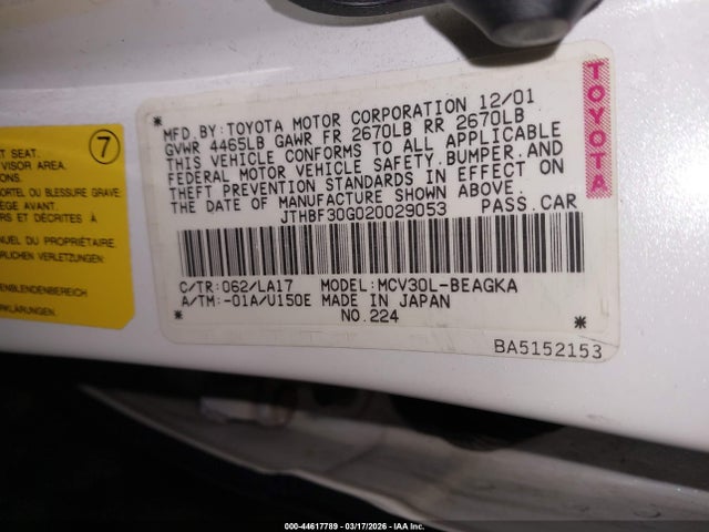 Aukcja sprzedaży 2002 Lexus Es 300, vin: JTHBF30G020029053, numer aukcji: 44617789
