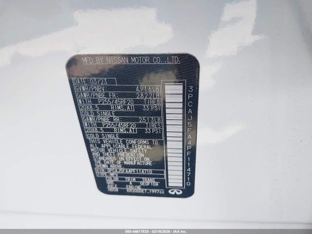 44617835 :رقم المزاد ، 3PCAJ5FA4PF114710 vin ، 2023 Infiniti Qx50 Sport مزاد بيع