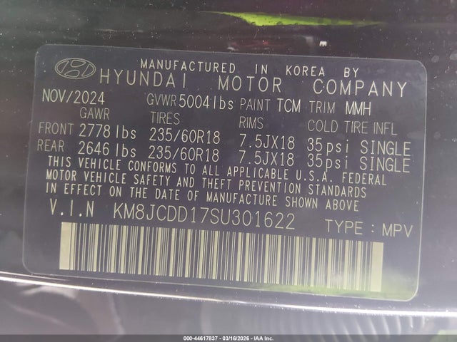44617837 :رقم المزاد ، KM8JCDD17SU301622 vin ، 2025 Hyundai Tucson Hybrid Sel Convenience مزاد بيع