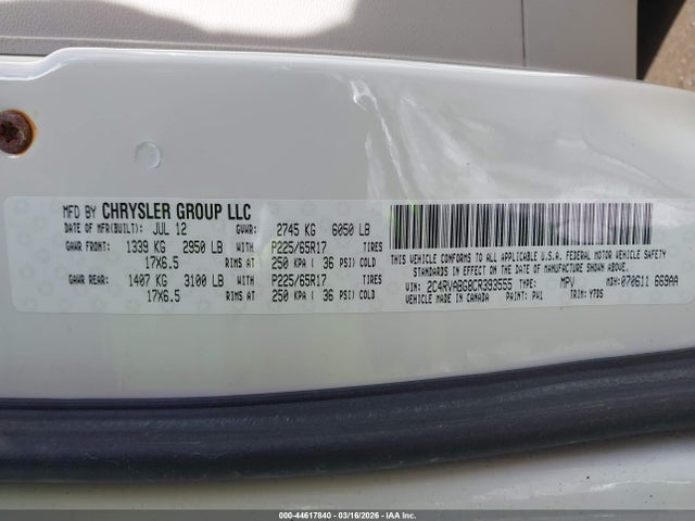 2012 Volkswagen Routan Se მანქანა იყიდება აუქციონზე, vin: 2C4RVABG8CR393555, აუქციონის ნომერი: 44617840