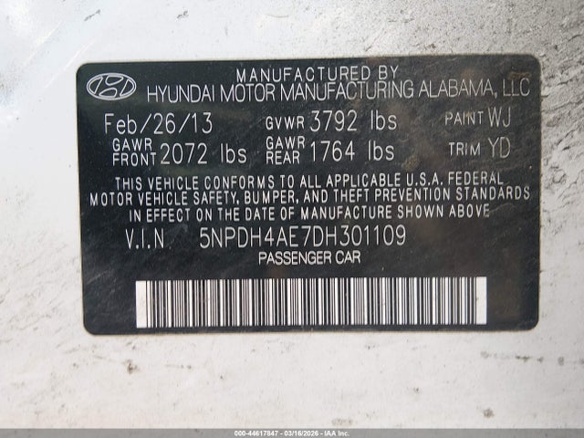 Aukcja sprzedaży 2013 Hyundai Elantra Gls, vin: 5NPDH4AE7DH301109, numer aukcji: 44617847