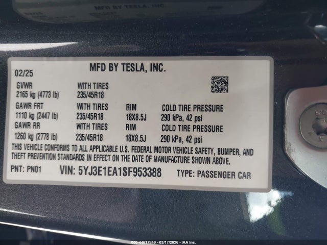 Aukcja sprzedaży 2025 Tesla Model 3 Long Range Rear-wheel Drive/standard Rear-wheel Drive, vin: 5YJ3E1EA1SF953388, numer aukcji: 44617849