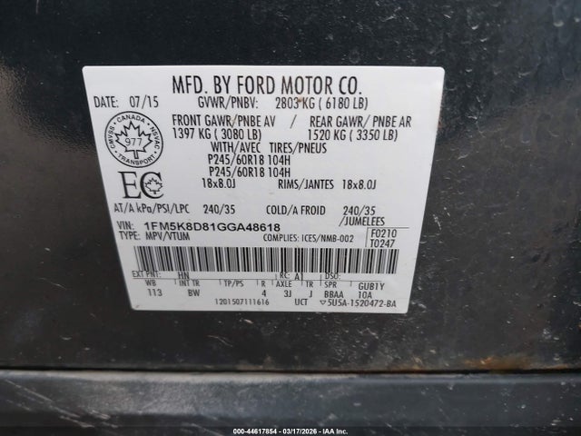Aukcja sprzedaży 2016 Ford Explorer Xlt, vin: 1FM5K8D81GGA48618, numer aukcji: 44617854