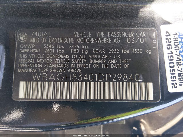 Продаж на аукціоні авто 2001 Bmw 740il, vin: WBAGH83401DP29840, номер лоту: 44617857